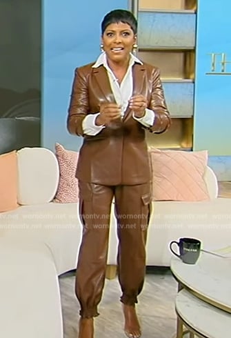 Tamron's brown leather blazer and pants on Tamron Hall Show