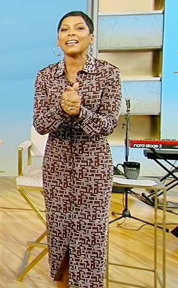 Tamron’s brown printed shirtdress on Tamron Hall Show