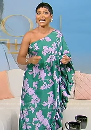 Tamron's green floral one shoulder dress on Tamron Hall Show