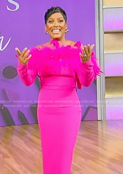 Tamron's pink feather trim off shoulder dress on Tamron Hall Show