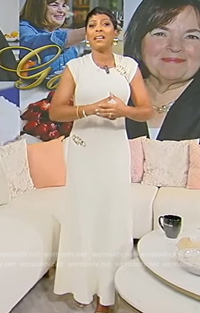 Tamron's white embellished ribbed dress on Tamron Hall Show