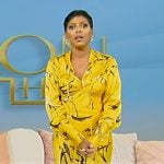 Tamron’s yellow bird print dress on Tamron Hall Show