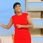 Tamron’s red ruffled sleeveless dress on Tamron Hall Show