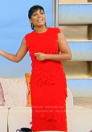 Tamron's red ruffled sleeveless dress on Tamron Hall Show