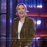 Taylor Tomlinson’s green moto jacket and skirt on The Kelly Clarkson Show