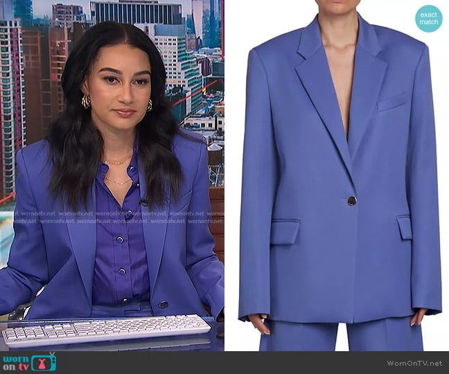 The Attico Oversized Single-Breasted Blazer in Violet worn by Morgan Radford on NBC News Daily