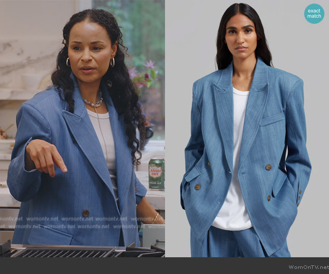 The Frankie Shop Jan Denim Blazer worn by Sai De Silva on The Real Housewives of New York City