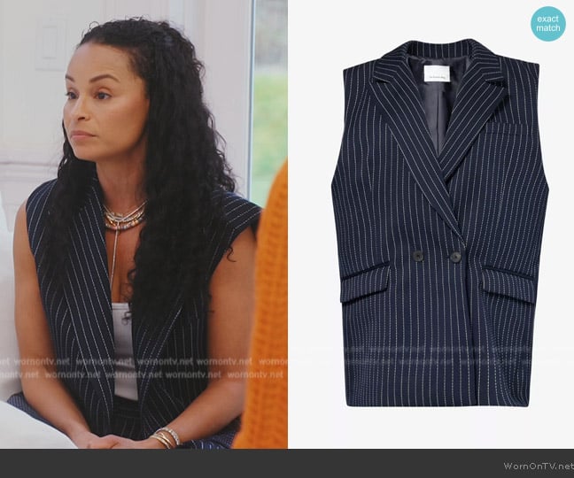 The Frankie Shop Shane pinstriped woven-blend waistcoat worn by Sai De Silva on The Real Housewives of New York City