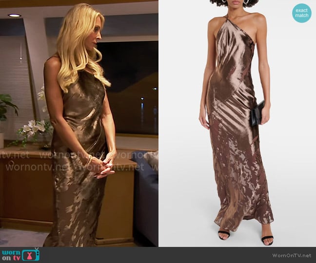 Joan’s brown one-shoulder velvet dress on The Golden Bachelorette