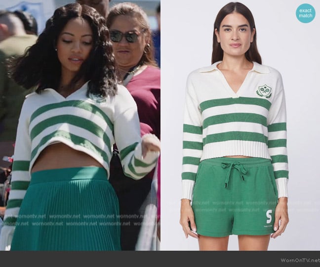 Thea’s green striped cropped sweater on All American HC