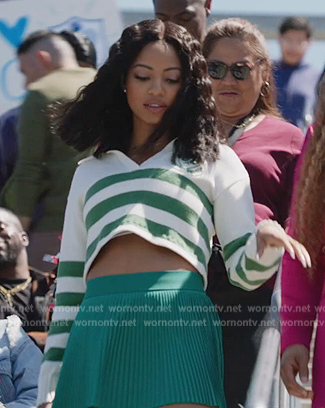 Thea's green striped cropped sweater on All American Homecoming