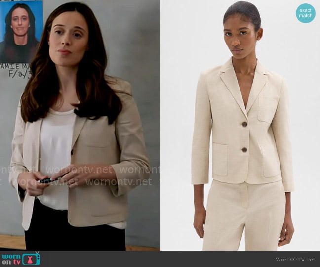 Theory Boxy Patch Pocket Blazer in Good Linen in Straw worn by Kim Burgess (Marina Squerciati) on Chicago PD