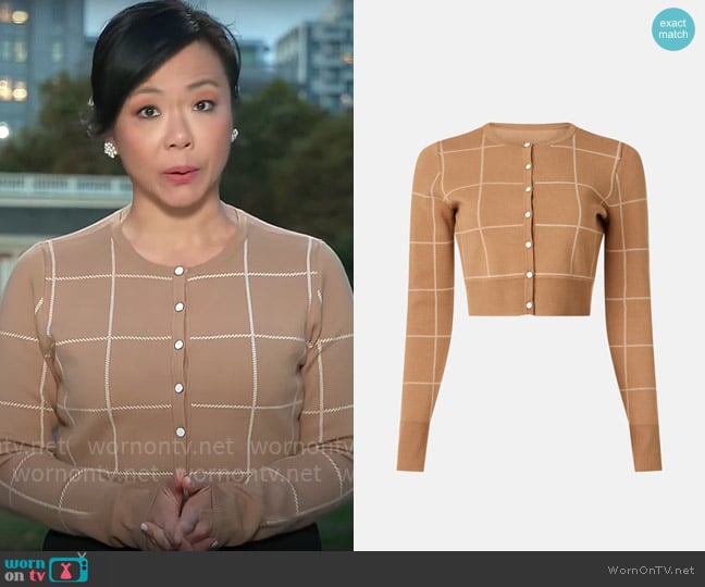 Toccin x RTR Check Jacquard Knit Short Cardigan worn by Weijia Jiang on CBS Mornings