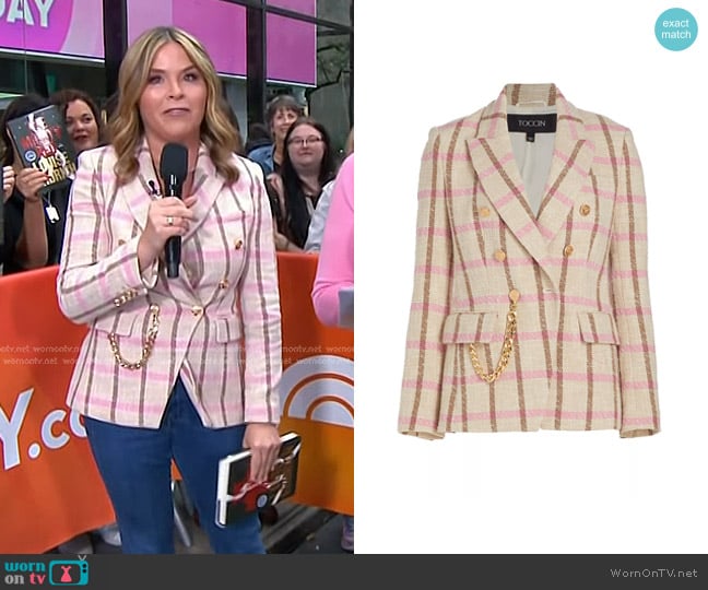 Toccin Kylie Double-Breasted Tweed Blazer in Pink Neutral worn by Jenna Bush Hager on Today