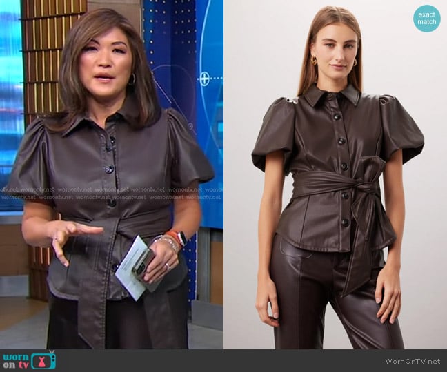 Toccin x RTR Tie Waist Faux Leather Shirt worn by Juju Chang on Good Morning America