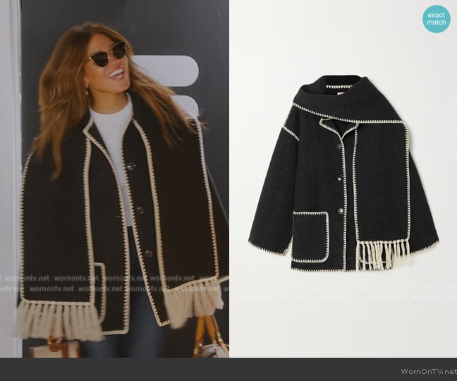 Toteme Embroidered Fringe Contrast-Trim Scarf Wool Jacket worn by Brynn Whitfield on The Real Housewives of New York City