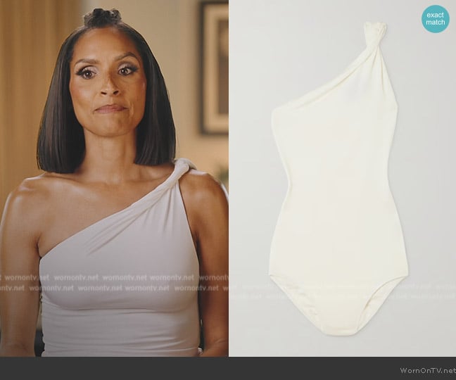 Tove Lior twisted one-shoulder stretch-jersey bodysuit worn by Racquel Chevremont on The Real Housewives of New York City