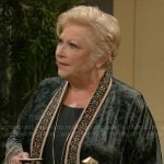 Traci’s long green embroidered jacket on The Young and the Restless