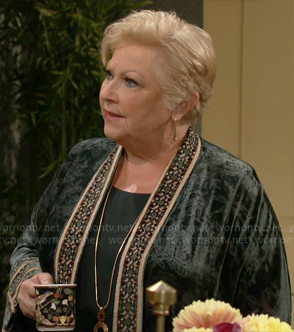 Traci's long green embroidered jacket on The Young and the Restless