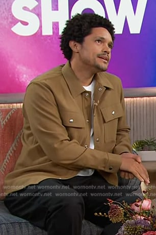 Trevor’s beige jacket on The Kelly Clarkson Show