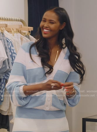 Ubah's white and blue striped cardigan and skirt on The Real Housewives of New York City