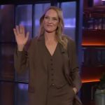 Uma Thurman’s brown vest and blazer on The Kelly Clarkson Show