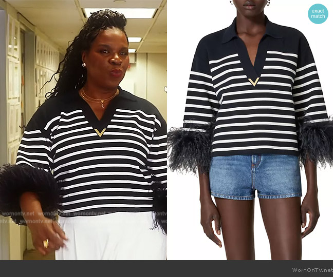 Valentino Cotton Sweater with Feathers worn by Leslie Jones on The Drew Barrymore Show