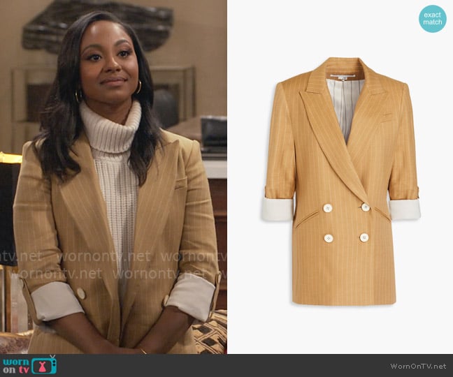 Nina’s camel pinstripe blazer on Poppas House