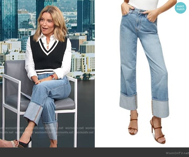 Veronica Beard Dylan High Rise Straight Leg Cuffed Ankle Jeans in Silver Blue worn by Kit Hoover on Access Hollywood