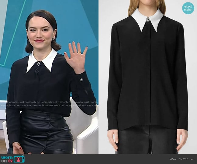 Versace Contrast-Collar Silk Crepe De Chine Shirt worn by Daisy Ridley on Today