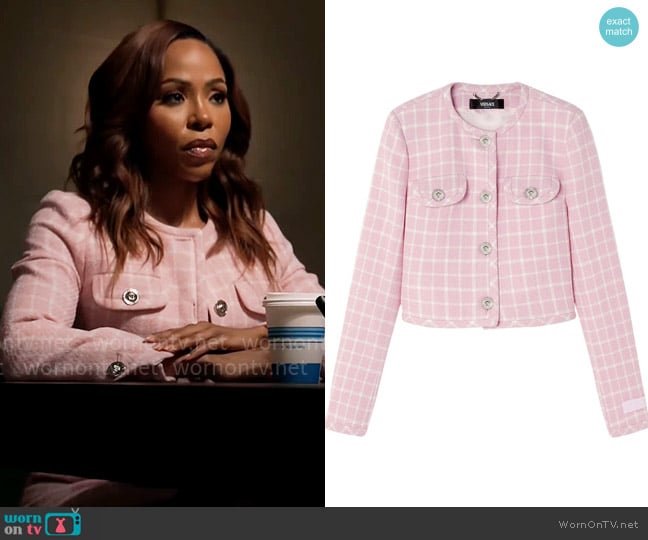 Versace Medusa Head-buttons checked cropped jacket worn by Andrea Barnes (Kj Smith) on Tyler Perrys Sistas