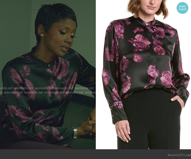 Jax’s black floral print satin blouse on Reasonable Doubt