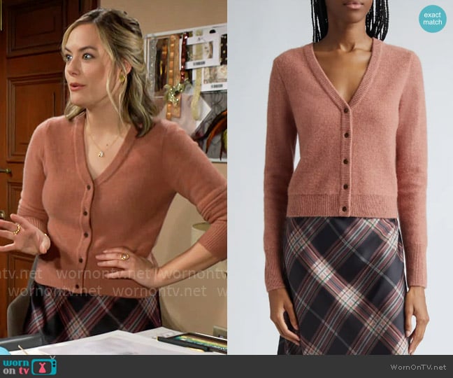 Vince Boiled Cashmere Cardigan in Heather Vintage Rose worn by Hope Logan (Annika Noelle) on The Bold and the Beautiful