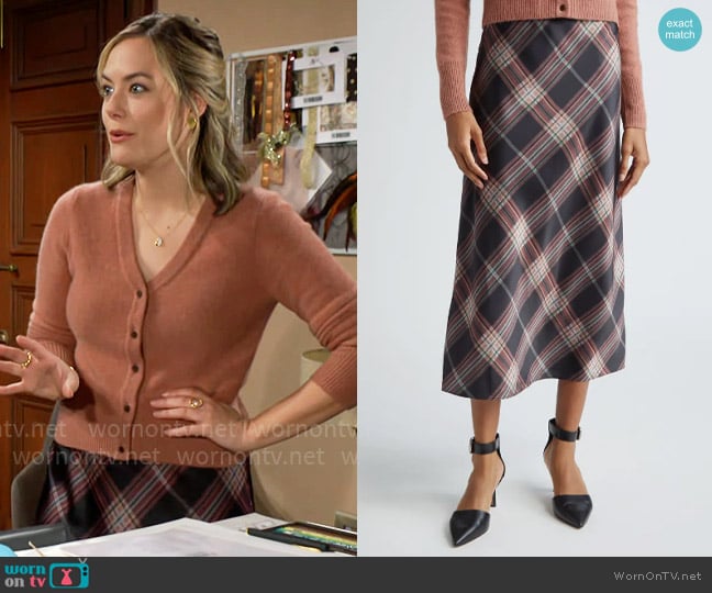 Vince Plaid Satin Slipskirt in Vintage Petal worn by Hope Logan (Annika Noelle) on The Bold and the Beautiful