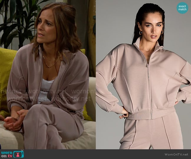 VSX at Victorias Secret Featherweight Knit Full-Zip Jacket in Bare Taupe worn by Taylor Hayes (Rebecca Budig) on The Bold and the Beautiful