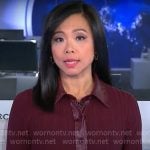 Weijia Jiang’s burgundy knit dress with leather trim on CBS Mornings