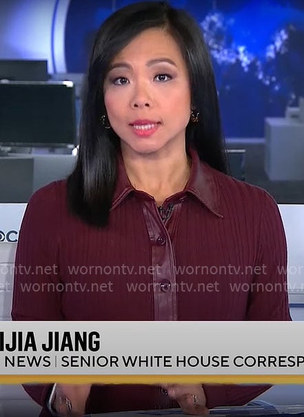 Weijia Jiang's burgundy knit dress with leather trim on CBS Mornings