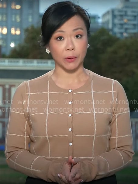 Weijia Jiang's camel checked cardigan on CBS Mornings