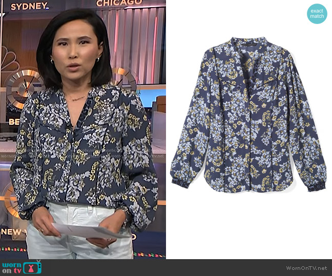 White House Black Market Long-Sleeve Honey Floral Blouse worn by Vicky Nguyen on NBC News Daily