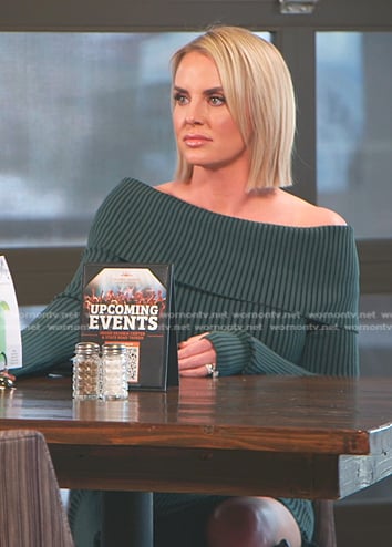 Whitney's green ribbed off-shoulder dress on The Real Housewives of Salt Lake City