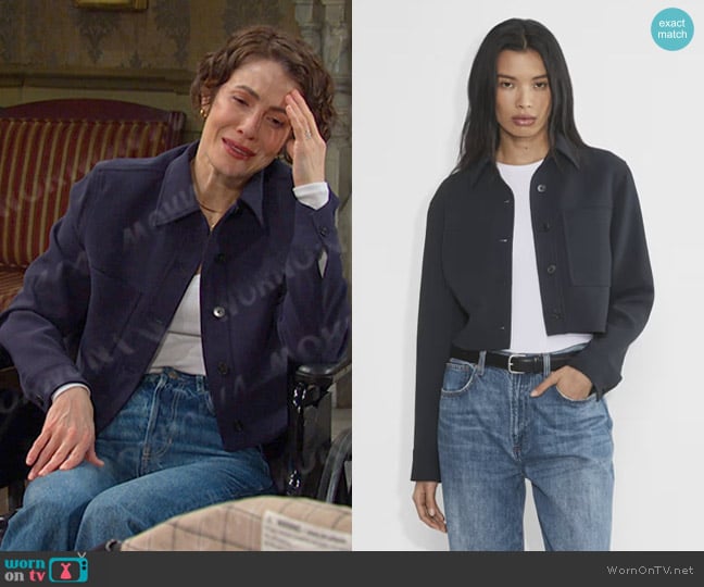 Wilfred Little Cropped Jacket in dark night navy worn by Sarah Horton (Linsey Godfrey) on Days of our Lives