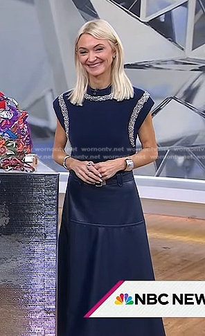 Zanna Roberts Rassi's navy embellished sweater and leather skirt on Today