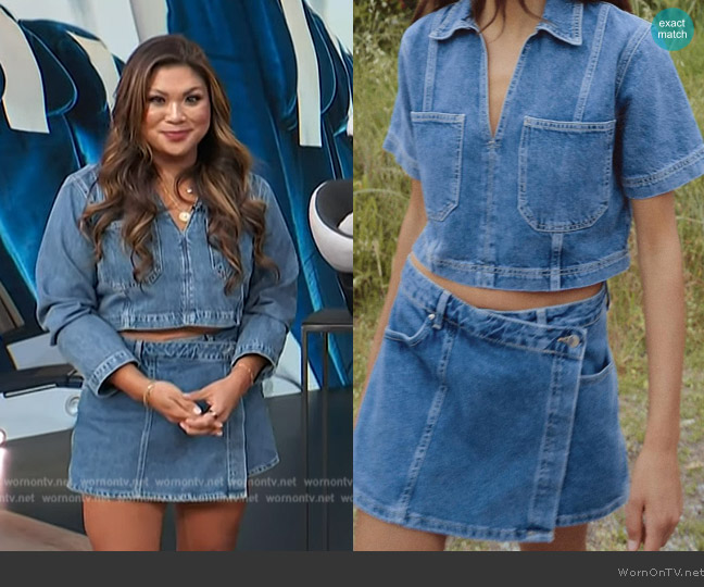 Zara Z1975 Cropped Denim Shirt worn by Jennifer Chan on Access Hollywood