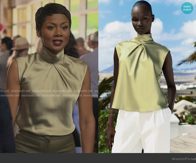 Zara High Collar Satin Effect Top worn by Jax Stewart (Emayatzy Corinealdi) on Reasonable Doubt