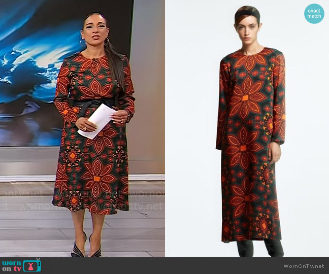 Zara Round Neck Printed Midi Dress worn by Michelle Miller on CBS Mornings