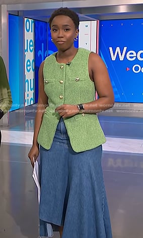 Zinhle's green tweed vest and denim skirt on NBC News Daily