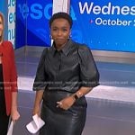 Zinhle’s black puff sleeve leather blouse and sandals on NBC News Daily