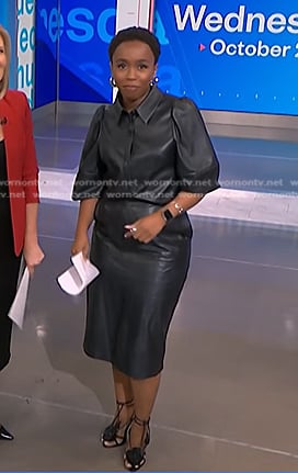 Zinhle's black puff sleeve leather blouse and sandals on NBC News Daily