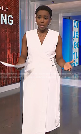 Zinhle's white sleeveless wrap dress on NBC News Daily