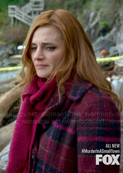 Zoe's plaid coat on Murder in a Small Town